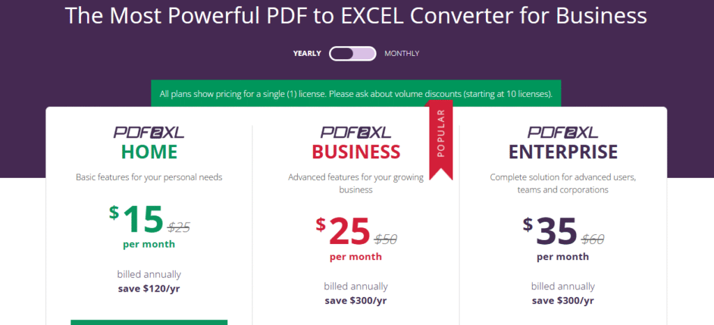 PDF2XL Subscription Plans