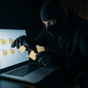 AI-gen image of a thief stealing files right off a computer screen